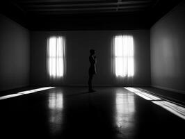 black and white picture of a silhouette in the empty room photo