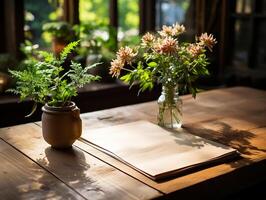 paper on the wooden table, real photography with smooth lighting and sun light AI generate photo