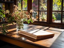 paper on the wooden table, real photography with smooth lighting and sun light AI generate photo