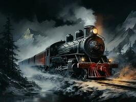 un tren en el nieve con oscuro fondo, insano detalle hecho por ai generativo foto