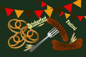 OKTOBERFEST BEER FESTIVAL. Pretzel and bavarian sausages, flags vector