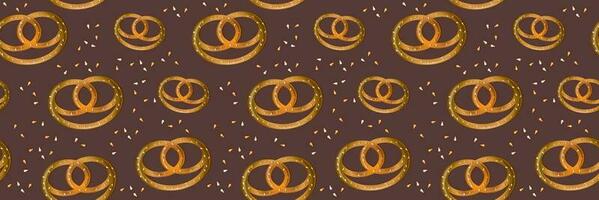 Vector seamless pattern with pretzels on a dark background. Krengel with sesame seeds.