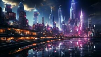 foto-realista cyberpunk metropolitano ciudad en el noche ai generado foto