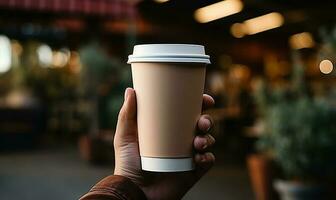 hand holding paper coffee cup generated by AI photo