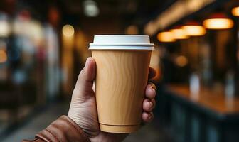 hand holding paper coffee cup generated by AI photo