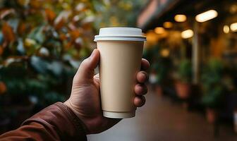 hand holding paper coffee cup generated by AI photo