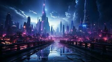 foto-realista cyberpunk metropolitano ciudad en el noche ai generado foto