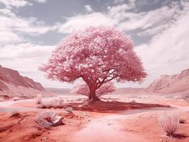 panoramic picture of a baby pink leafed tree in the middle of red utopia desert AI generative photo