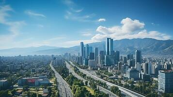 ciudad panorama con rascacielos edificios, luz hecho por ai generado foto