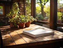 paper on the wooden table, real photography with smooth lighting and sun light AI generate photo
