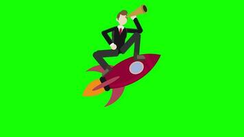 visionary businessman leader by looking up flying on rocket green screen background, entrepreneur achievement success concept video