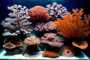 un acuario lleno con un montón de diferente tipos de corales ai generado foto