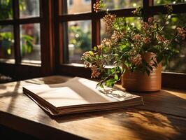 paper on the wooden table, real photography with smooth lighting and sun light AI generate photo