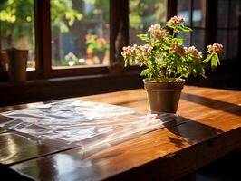 paper on the wooden table, real photography with smooth lighting and sun light AI generate photo