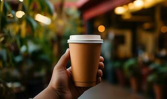 hand holding paper coffee cup generated by AI photo