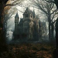 castle stand tall in a dark forest surrounded by a dead and leafless trees generated AI photo