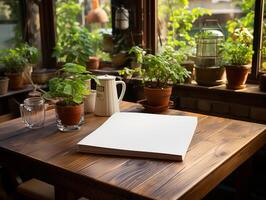 paper on the wooden table, real photography with smooth lighting and sun light AI generate photo