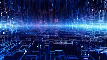 abstract technology background with circuit board and blue lights digital communication line concept graphic, hardware computer tech integrated energy design information internet . photo