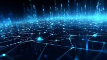 abstract technology background with circuit board and blue lights digital communication line concept graphic, hardware computer tech integrated energy design information internet . photo