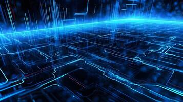 abstract technology background with circuit board and blue lights digital communication line concept graphic, hardware computer tech integrated energy design information internet . photo