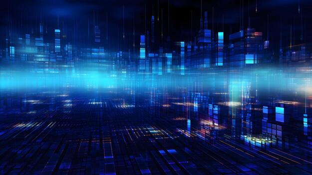 abstract technology background with circuit board and blue lights digital communication line concept graphic, hardware computer tech integrated energy design information internet . photo