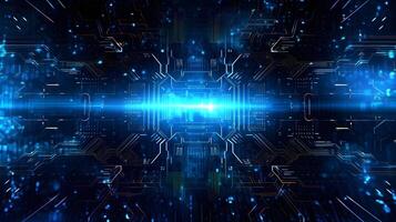 abstract technology background with circuit board and blue lights digital communication line concept graphic, hardware computer tech integrated energy design information internet . photo