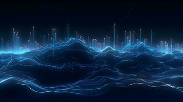 abstract technology background with circuit board and blue lights digital communication line concept graphic, hardware computer tech integrated energy design information internet generative Ai. photo