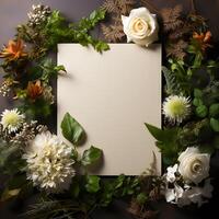 plants flowers with mockup paper card note Flat lay Nature concept top view . photo