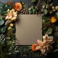 plants flowers with mockup paper card note Flat lay Nature concept top view . photo