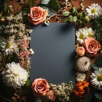 plants flowers with mockup paper card note Flat lay Nature concept top view . photo