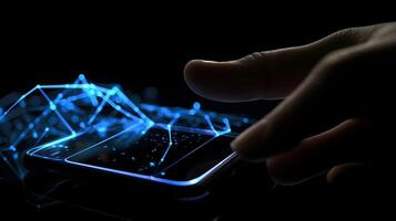 Human hand touching hologram screen with finger with glowing polygonal wireframe on dark background . photo