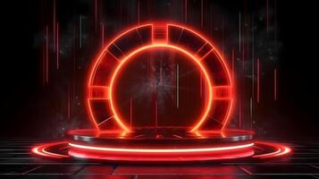 technology futuristic circle with glowing neon light podium stage . photo