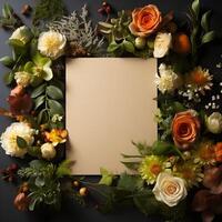 plants flowers with mockup paper card note Flat lay Nature concept top view . photo