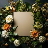 plants flowers with mockup paper card note Flat lay Nature concept top view generative AI. photo