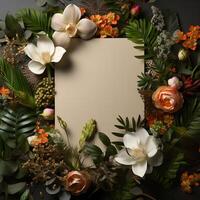 plants flowers with mockup paper card note Flat lay Nature concept top view . photo