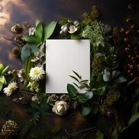 plants flowers with mockup paper card note Flat lay Nature concept top view generative AI. photo