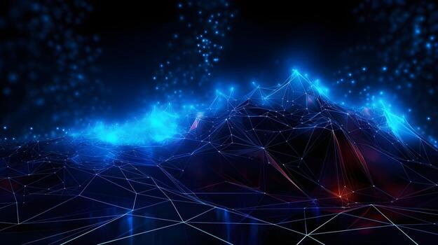 abstract technology background with circuit board and blue lights digital communication line concept graphic, hardware computer tech integrated energy design information internet . photo