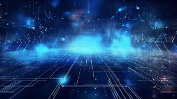 abstract technology background with circuit board and blue lights digital communication line concept graphic, hardware computer tech integrated energy design information internet . photo