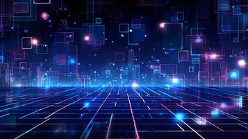 abstract technology background with circuit board and blue lights digital communication line concept graphic, hardware computer tech integrated energy design information internet . photo