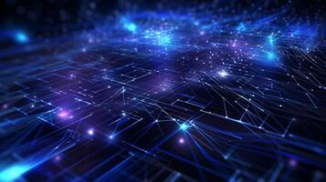 abstract technology background with circuit board and blue lights digital communication line concept graphic, hardware computer tech integrated energy design information internet . photo