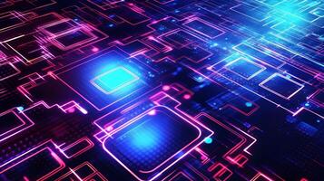 abstract technology background with circuit board and blue lights digital communication line concept graphic, hardware computer tech integrated energy design information internet . photo