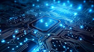 abstract technology background with circuit board and blue lights digital communication line concept graphic, hardware computer tech integrated energy design information internet . photo