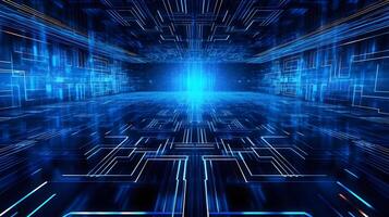 abstract technology background with circuit board and blue lights digital communication line concept graphic, hardware computer tech integrated energy design information internet . photo