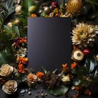 plants flowers with mockup paper card note Flat lay Nature concept top view generative AI. photo