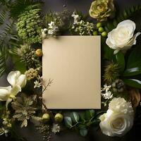 plants flowers with mockup paper card note Flat lay Nature concept top view generative AI. photo