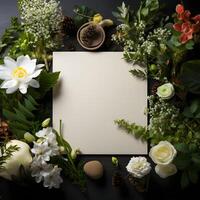 plants flowers with mockup paper card note Flat lay Nature concept top view generative AI. photo