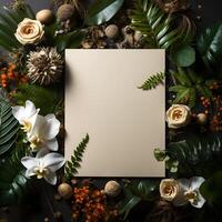 plants flowers with mockup paper card note Flat lay Nature concept top view generative AI. photo