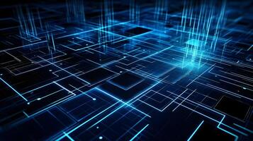 abstract technology background with circuit board and blue lights digital communication line concept graphic, hardware computer tech integrated energy design information internet . photo
