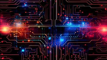 abstract technology background with circuit board and blue lights digital communication line concept graphic, hardware computer tech integrated energy design information internet . photo