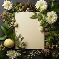 plants flowers with mockup paper card note Flat lay Nature concept top view generative AI. photo